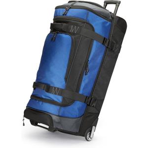 Amazon Basics 35-Inch Large Rolling Duffel Bag for Travel with Wheels and Handle, Durable Ripstop Polyester, 2 Layers of Space, Multiple Interior and Exterior Pockets, Blue