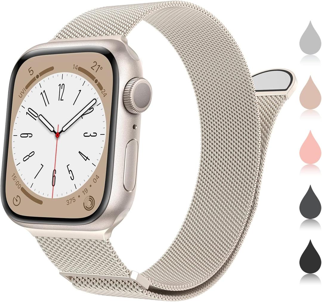 MARGE PLUS Compatible with Apple Watch Band Women and Men, Stainless Steel Milanese Loop Band Replacement for iWatch Series 10, Ultra 2, SE, Ultra 9 8 7 6 5 4 (Series10 42mm/41mm/40mm/38mm, A---Starlight)