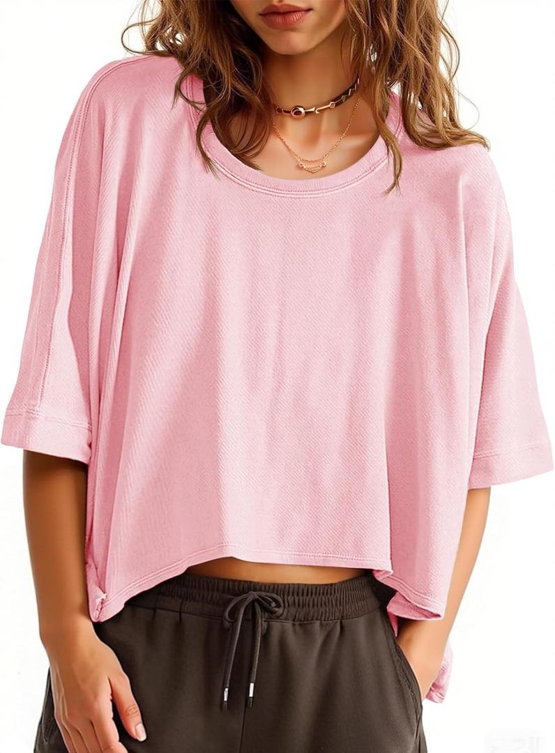 Tankaneo Womens Oversized T-Shirts Cropped Summer Casual Short Sleeve Loose Fit Tee Tops (Medium, Pink)
