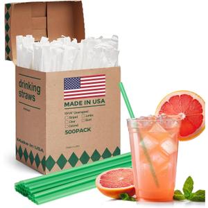 Glotoch Express 500 PCS Individually Wrapped Green Plastic Straws, 10.25'' Long, 0.24'' Diameter Disposable Drinking Straws for Every Occasion, Party, Made in USA