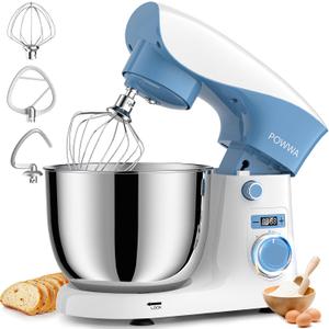 Stand Mixer, POWWA 6.5 QT 10 Speeds Tilt-Head Electric Stand Mixer, 3-In-1 Kitchen Mixer with Bowl, Dough Hook, Whisk and Beater, Food Mixer for Baking and Daily Use (White Blue)