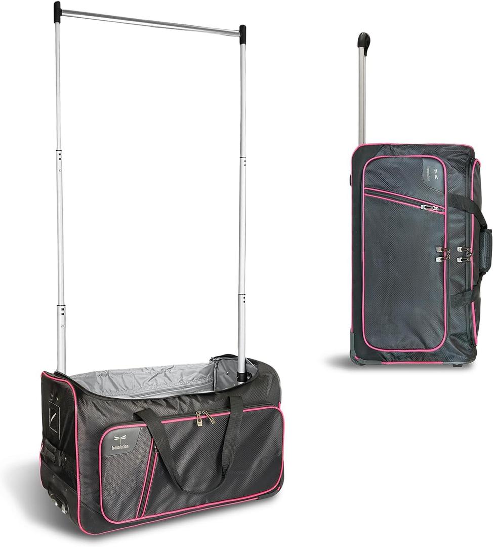 Travolution Dance Bag with Garment Rack, 24 Inch Rolling Duffel With Wheels, Ideal for Competitions & Travel, Easy-assembly Lightweight Aluminum Clothes Rack, Wheeled Upright Luggage, Black/Pink
