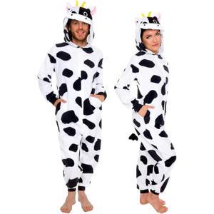 Funziez! Slim Fit Adult Onesie - Animal Costume - Plush Unisex Christmas One Piece Cosplay Suit for Women and Men (Medium, Cow)
