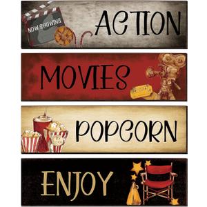 Yalikop 4 Pieces Movie Theater Decor Wooden Home Theater Decoration for Popcorn Enjoy Film Classic Decor Rustic Room Wall Media Room Wall Art(15.7 x 5.1 Inch)