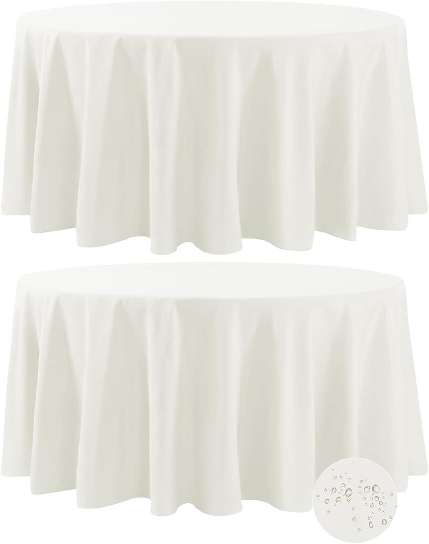 Fokitut 2 Pack Waterproof Round Tablecloth, 120 Inch, Stain Resistant and Wrinkle Polyester Table Cloth, Fabric Table Cover for Kitchen Dining, Wedding, Party, Holiday Dinner-Ivory