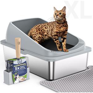 Stainless Steel Cat Litter Box with Scoop, Metal Litter Box High Sided, Cat Litter Box Enclosure, XL Extra Large High-Sided Litter Boxs (Anti-Urine Leakage, Include Scoop) (Grey)