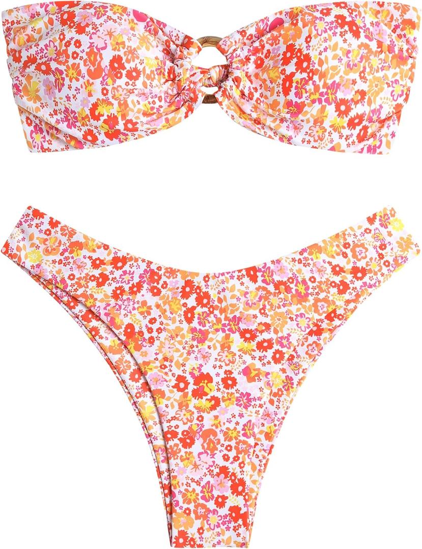 ZAFUL Women's Bandeau Bikini O Ring Strapless Tie Back High Cut Two Piece Swimsuit Bathing Suits (Large)