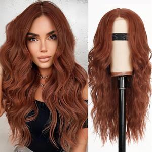 AISI HAIR Auburn Wigs for Women, Long Wavy Lace Hairline Middle Part Synthetic Heat Resistant Wig for Daily Party-26 Inch
