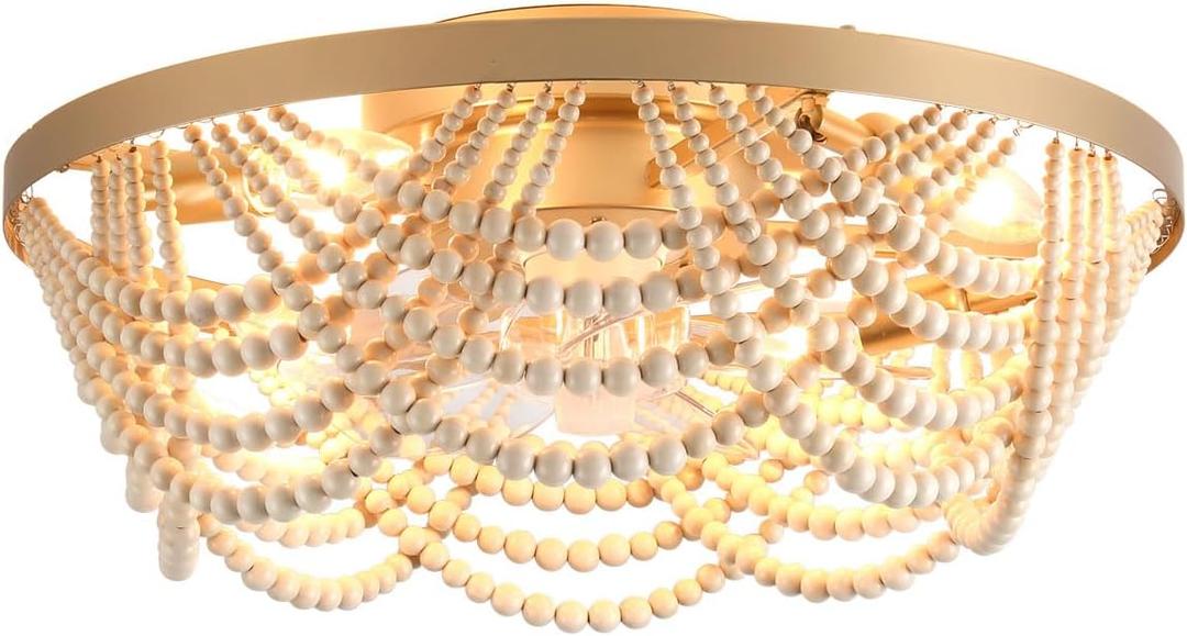 20'' Boho Ceiling Fan with Lights Flush Mount,Bohemia Gold Wood Bead Enclosed Ceiling Fan Light, 4 Lights Low Profile Ceiling Fans with Remote Control for Bedroom Living Room Dining Room Kitchen