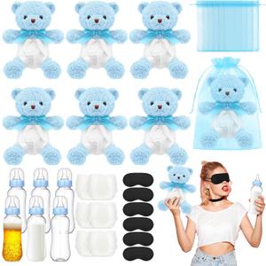 6 Set Bottle Chug Baby Shower Games Blue Bear Blindfolded Diaper Changing Games Kits Plastic Bottles Disposable Diapers Blindfold Eye Masks Bear Baby Shower Party Guest Gifts