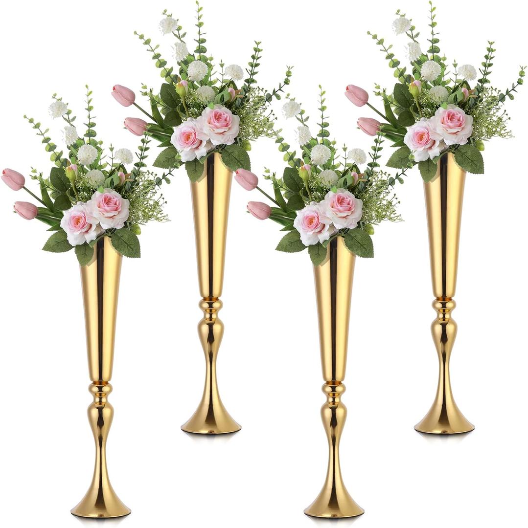 4 Pcs Gold Vase Wedding Centerpieces for Tables 22.5" Tall Gold Vases for Centerpieces Table Decorative Metal Flower Stand for Wedding Party Dinner Centerpiece for Anniversary Ceremony Decor