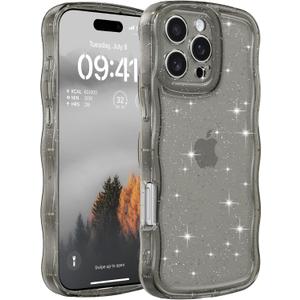 FABSPARK Phone Case for iPhone 13 Pro,Cute Clear Curly Wavy Frame Wave Case with Sparkly Bling Glitter,Non-Yellowing Transparent Acrylic Hard PC Cover for iPhone 13 Pro,Glitter Clear Black