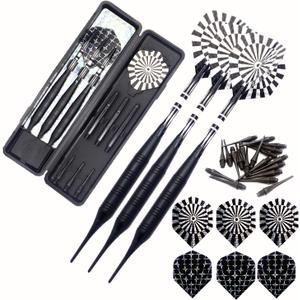 Soft Tip Darts Set for Electronic Dart Board 18/22g Plastic Tip Darts Set with Brass Barrels & Aluminum Shafts, 6 Flights 3 Spare Plastic Dart Shaft 20 Soft Tips Portable Case (22g-Silver & Black)
