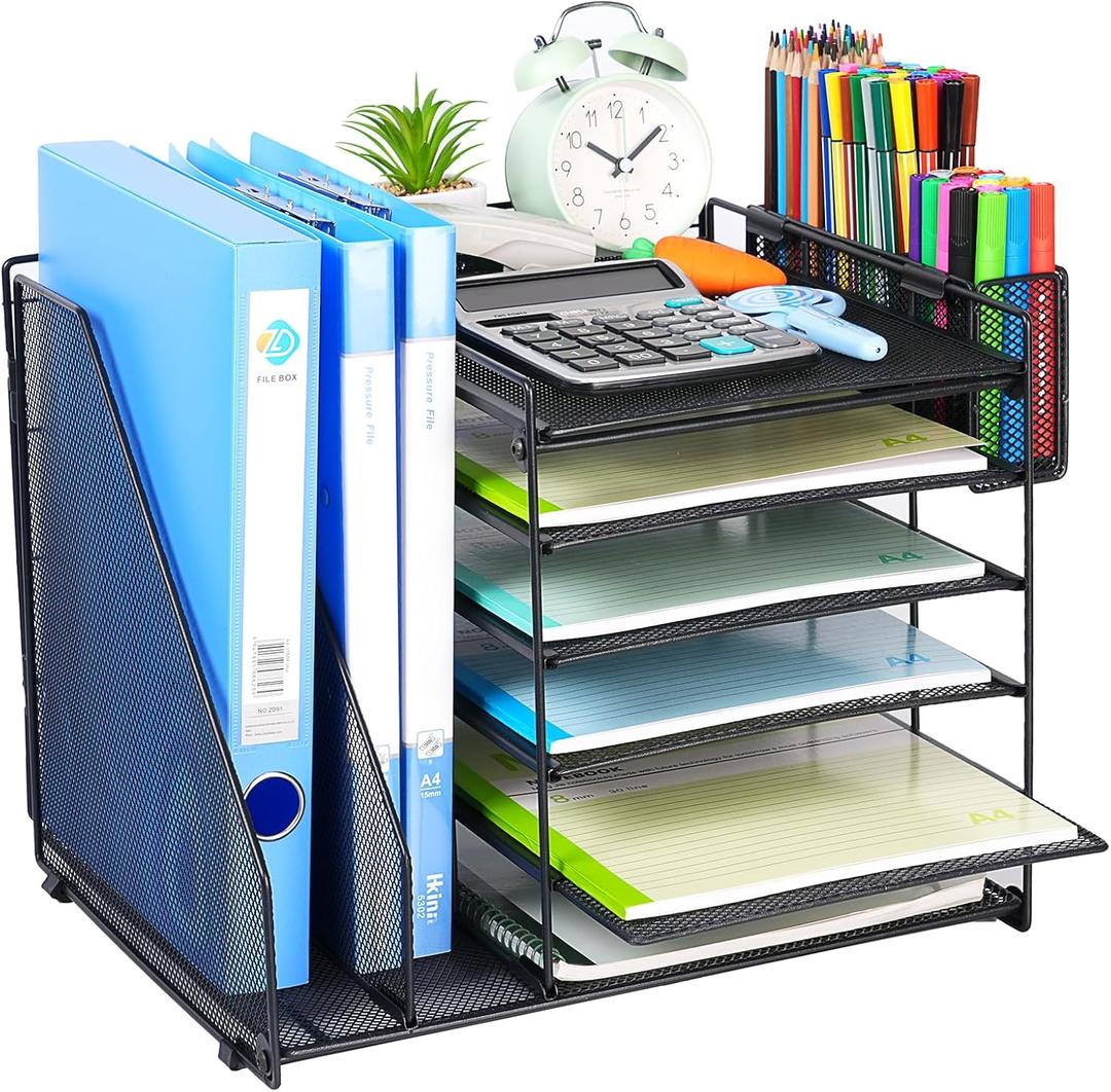 File Organizer for Desk, 6 Tier Desk Organizer Paper Tray with File Holder Pen Holder, Mesh Office Desk Accessories & Workspace Organizers (Black)