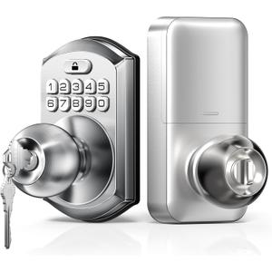 TEEHO Keyless Entry Keypad Door Lock with Handle, Electronic Digital Smart Locks for Front Door, Easy to Install Keypad Deadbolt with Code for Bedroom, Anti-Peeping Password - Nickel