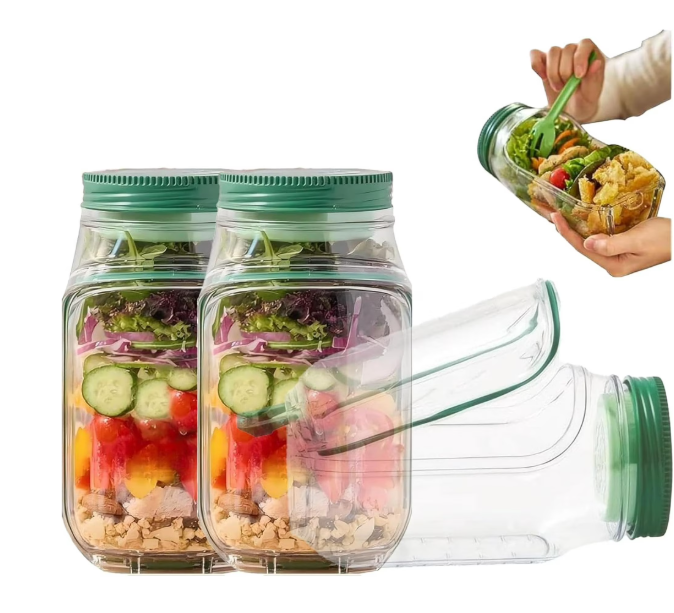 2 x Salad Jar with Side Opening - Leakproof Portable Salad Container with Dressing Cup & Lid, Lid-to-Bowl Design, Dishwasher & Freezer Safe for for Office, Gym, Travel, Picnic, Green