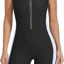 ATTRACO Boyleg One Piece Swimsuits for Women Athletic Bathing Suits Color Block Zip Up Swimwear, Large