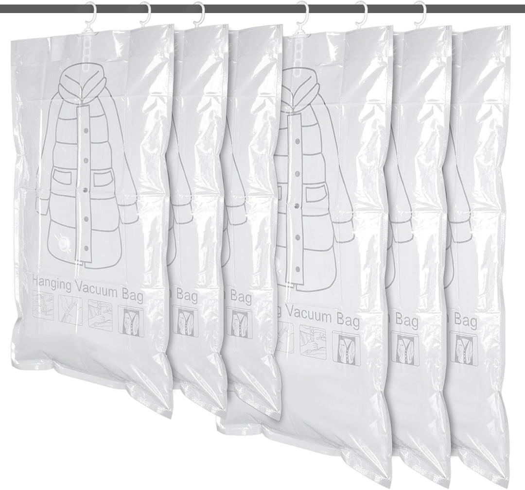 6 Pack Hanging Vacuum Storage Bag, 2 Sizes: 51.2 x 27.6 inch & 43.3 x 27.6 inch Hanging Vacuum Sealer Storage Space Saver Bags, Reusable Space Saver Bags, for Suits, Dress, Jackets, Clear, 3 Large+3 X-Large