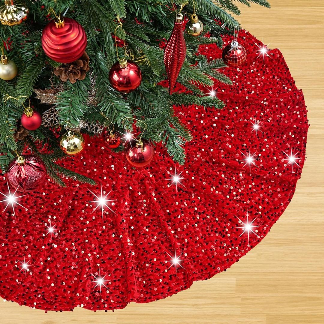 Red Christmas Tree Skirt 48 Inch Red Velvet Sequin Tree Skirt Tree Skirt Cover Large Xmas Tree Skirts for Christmas Tree Decorations