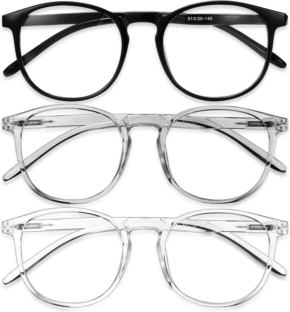 IBOANN Chic & Comfy Blue Light Glasses for Women - 3-Pack Round Frames, Screen-Ready Style with UV Protection Coating (A2 Light Black & Tranparent & Grey)