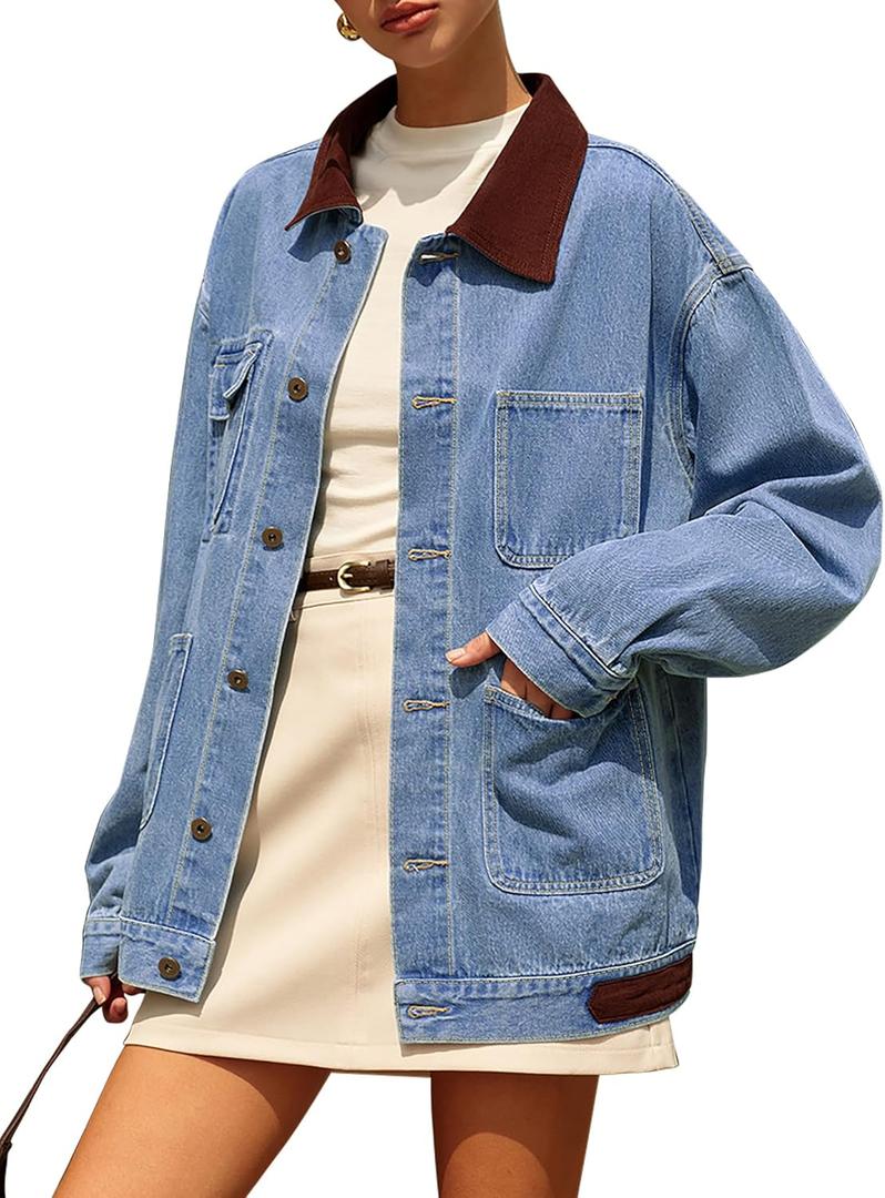 Denim Jacket for Women Contrast Collar Oversized Jean Jacket Women Long Sleeve Button down Barn jackets Coat (Medium, Blue)