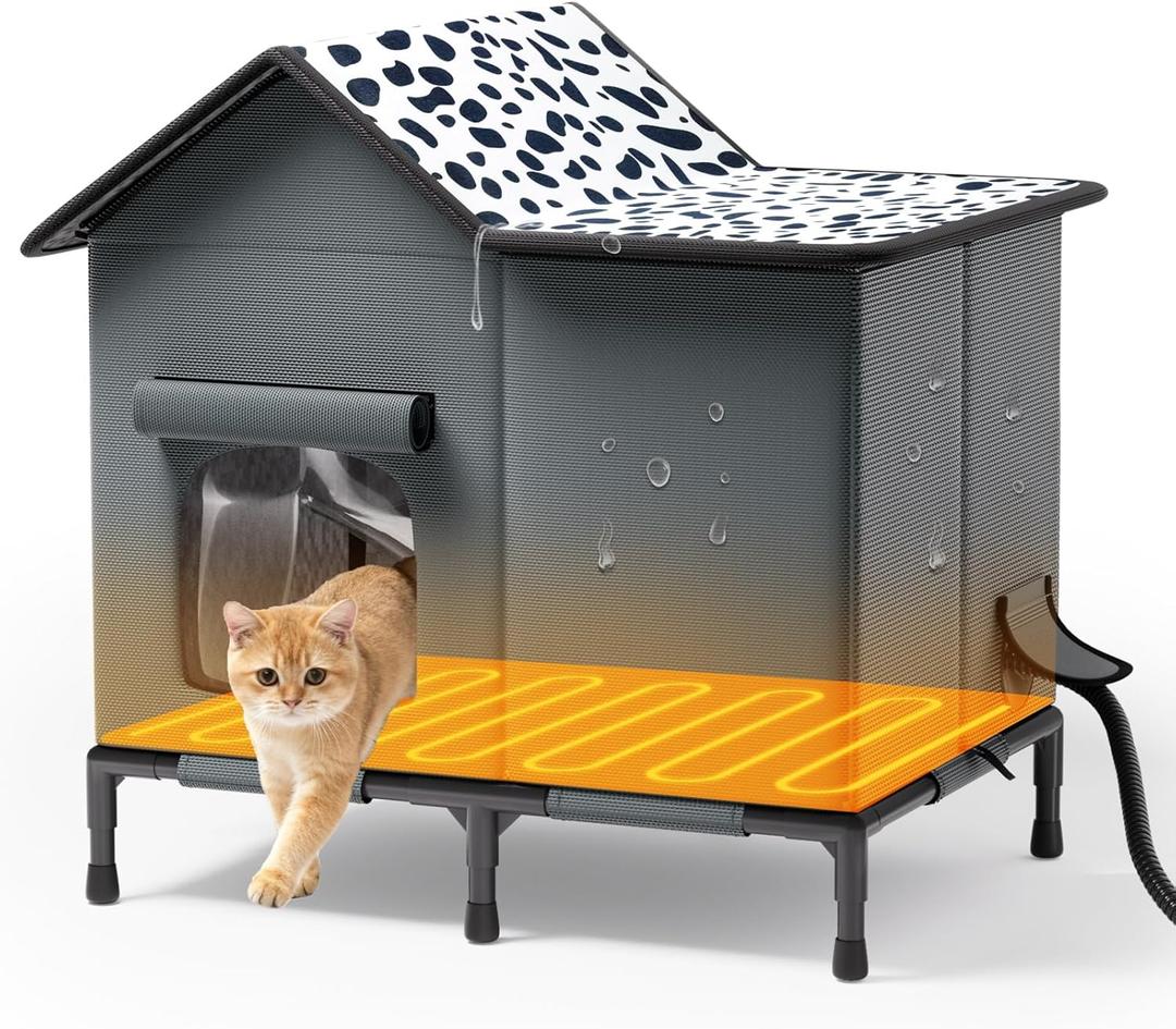 Heated Cat Houses for Outside Cats, Winter Insulated Weatherproof Outdoor Cat Heated House Shelter for Indoor Outdoor Feral Stray Barn Cats (25" x 14.6" x 24",Black Spots)