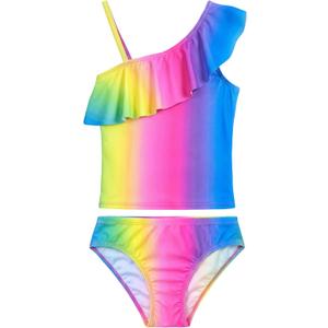 Girls Tankini Swimsuit Two Piece Bathing Suit Colorful Toddler Kids Ruffle Swimwear Adjustable Strap Summer Beach