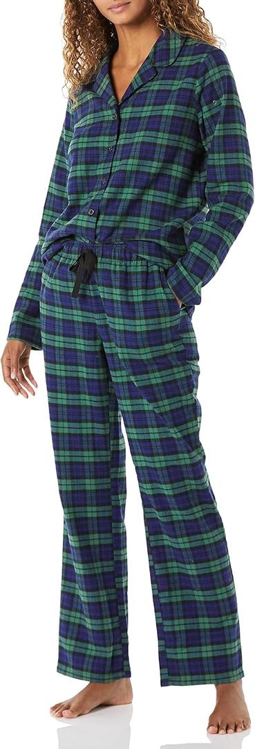 Amazon Essentials Women's Flannel Long-Sleeve Button Front Shirt and Pant Pajama Set (X-Large, Cobalt Blue Green Blackwatch Plaid)