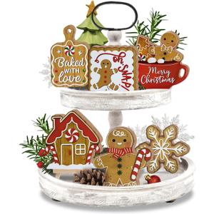 11 Pcs Merry Christmas Gingerbread Tiered Tray Decor, Xmas Hot Cocoa Cookies Snowflake Farmhouse Wood Decorations Set, Winter Holiday Rustic Wooden Decorative Signs for Home Table Shelf