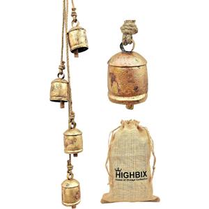 HIGHBIX Harmony 4 Cow Bells Cluster on Rope Large Rustic Vintage Lucky Cow Bells On Rope Wall Hanging Dcor (Gold)