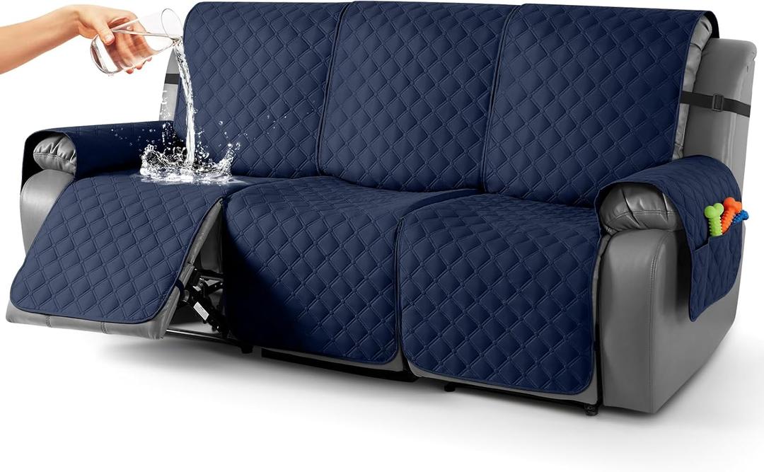TAOCOCO 100% Waterproof Recliner Covers, Recliner Sofa Covers with Leg Straps, Reversible Recliner Couch Cover for Reclining Chair, Washable Couch Protector for Pets Kids(3 Seater, Dark Blue)