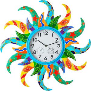 Large Blue Sun Outdoor Clock with Thermometer and Hygrometer Combo, Silent No-Ticking Outdoor Wall Clock, Waterproof Quartz Clock for Patio, Living Room, Kitchen, Garden, 25 Inch