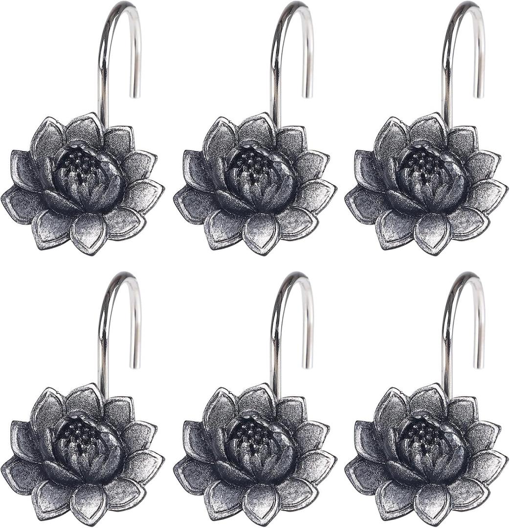 Twofish Home Black Flower Shower Curtain Hooks Anti Rust Shower Curtain Hooks Decorative Resin Black Flower Shower Curtain Rings Set of 12