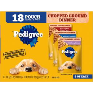 Pedigree Chopped Ground Dinner Wet Dog Food Pouches Variety Pack, 3.5 oz Pouches, 30 Count (18 Count (Pack of 1))