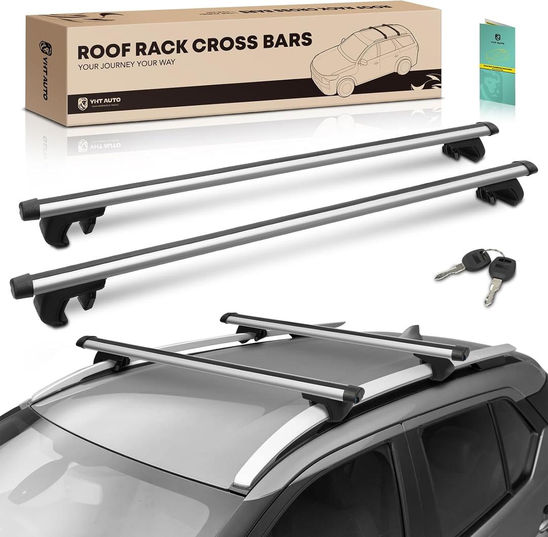 YHTAUTO 48'' Universal Roof Rack Cross Bars w/Thickened Metal Locks & Upgraded Metal Clamps Fit Raised Side Rails Adjustable Maximum 43.3'', T6063 Aluminum CrossBars for Surfboard Kayak Bike Luggage
