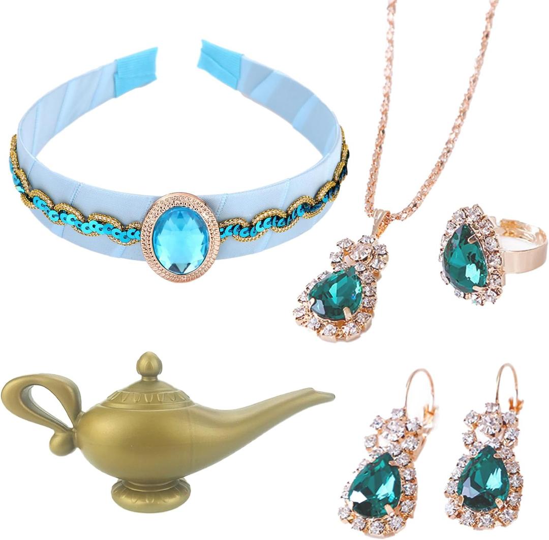 Princess Costume Accessories  Arabian Princess Dress-Up Jewelry Set with Magic Lamp, Headband, Necklace, Earrings & Ring  Halloween Cosplay Supplies, Birthday Gifts