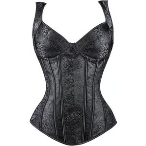 Women's Lace up Gothic Jacquard Shoulder Straps Tank Overbust Shaper Corset Bustiers Top (Black), XS