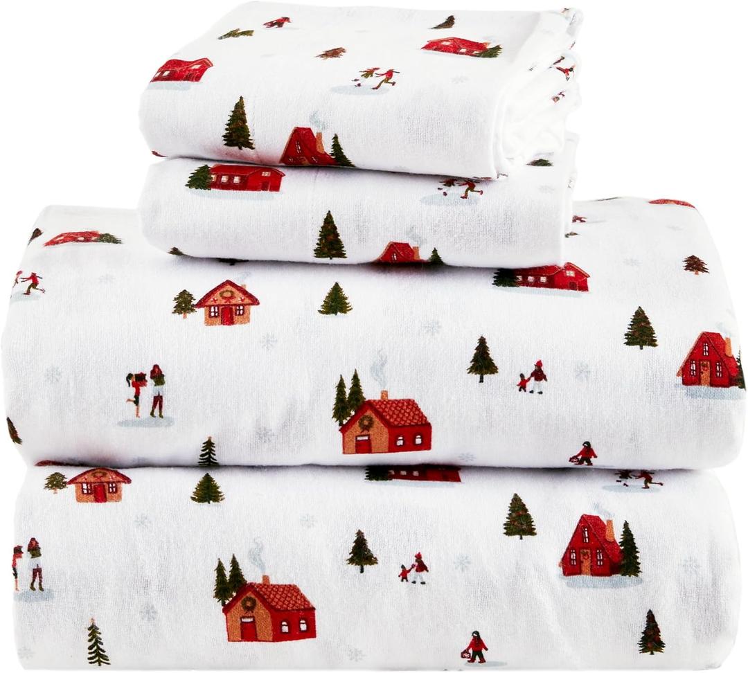 Comfort Spaces 100% Cotton Flannel Sheets King Size, Ultra Soft Cozy Flannel Sheet Set with 14" Elastic Pocket Fits up to 16" Mattress, Novelty Print Warm Flannel Bedding, Christmas Village 4 Piece