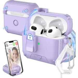 for AirPods 3rd Generation Case Cover, Compatible with Magsafe, Magnetic Automatic Lock, Charging Port Dust-Proof & Stand Design with Cleaning Kit, Purple