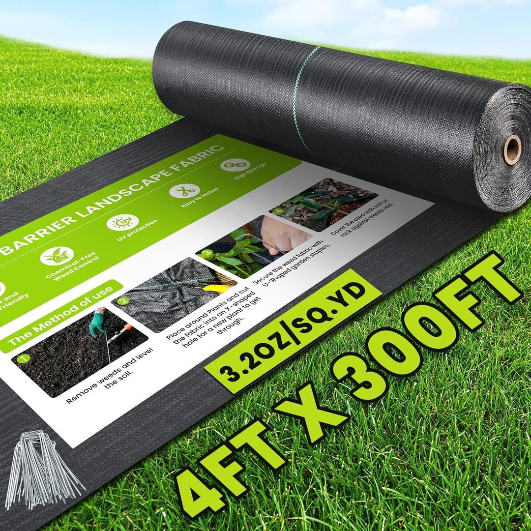 4ft x 300ft Weed Barrier Landscape Fabric, 3.2oz Heavy Duty Woven Geotextile Fabric, Block Gardening Mat Ground Cover, Weed Control Garden Cloth for Gardening Ground, Landscaping, Driveway