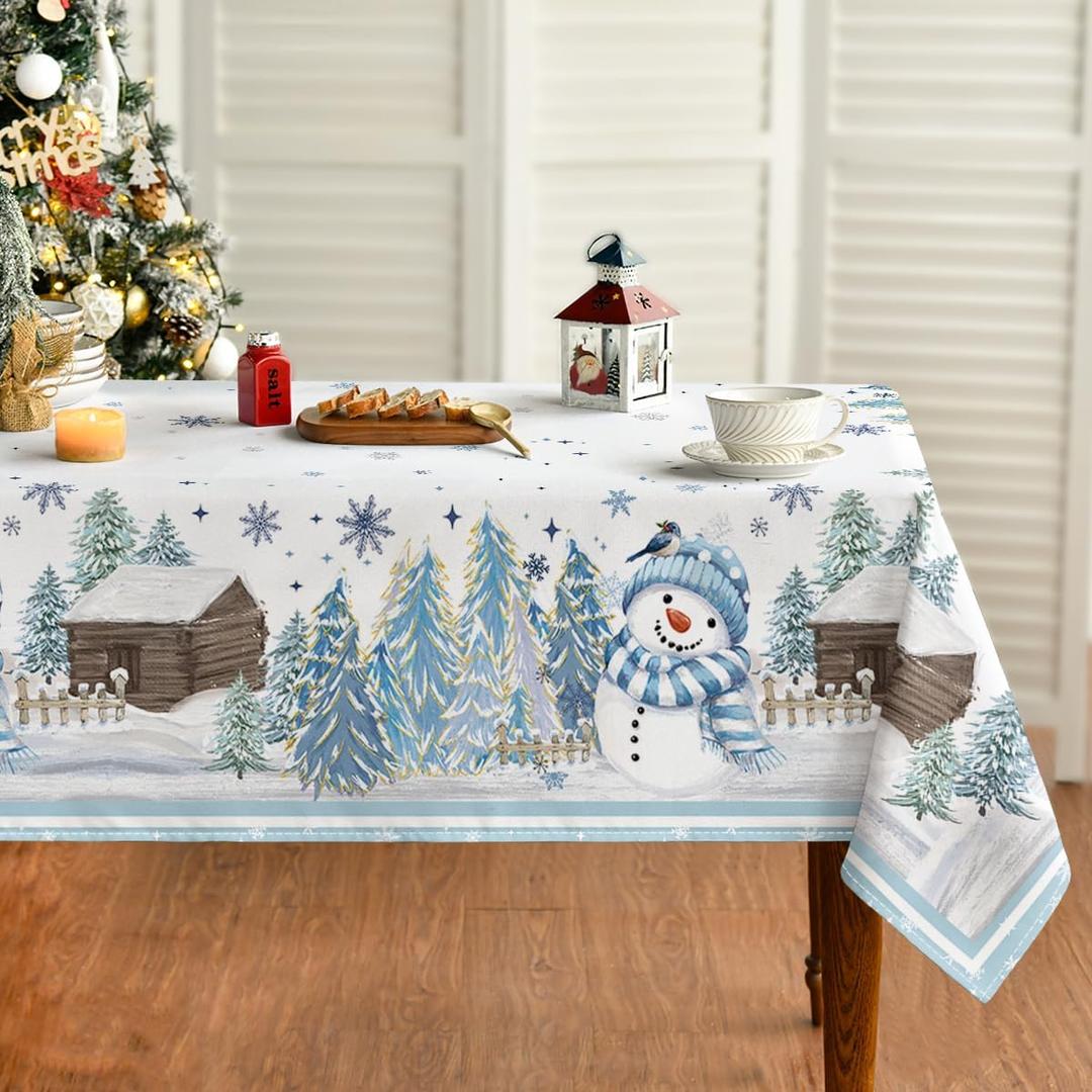 Horaldaily Christmas Tablecloth 6084 Inch Rectangular, Blue Snowman Pine Snow Washable Table Cover for Party Picnic Dinner Decor