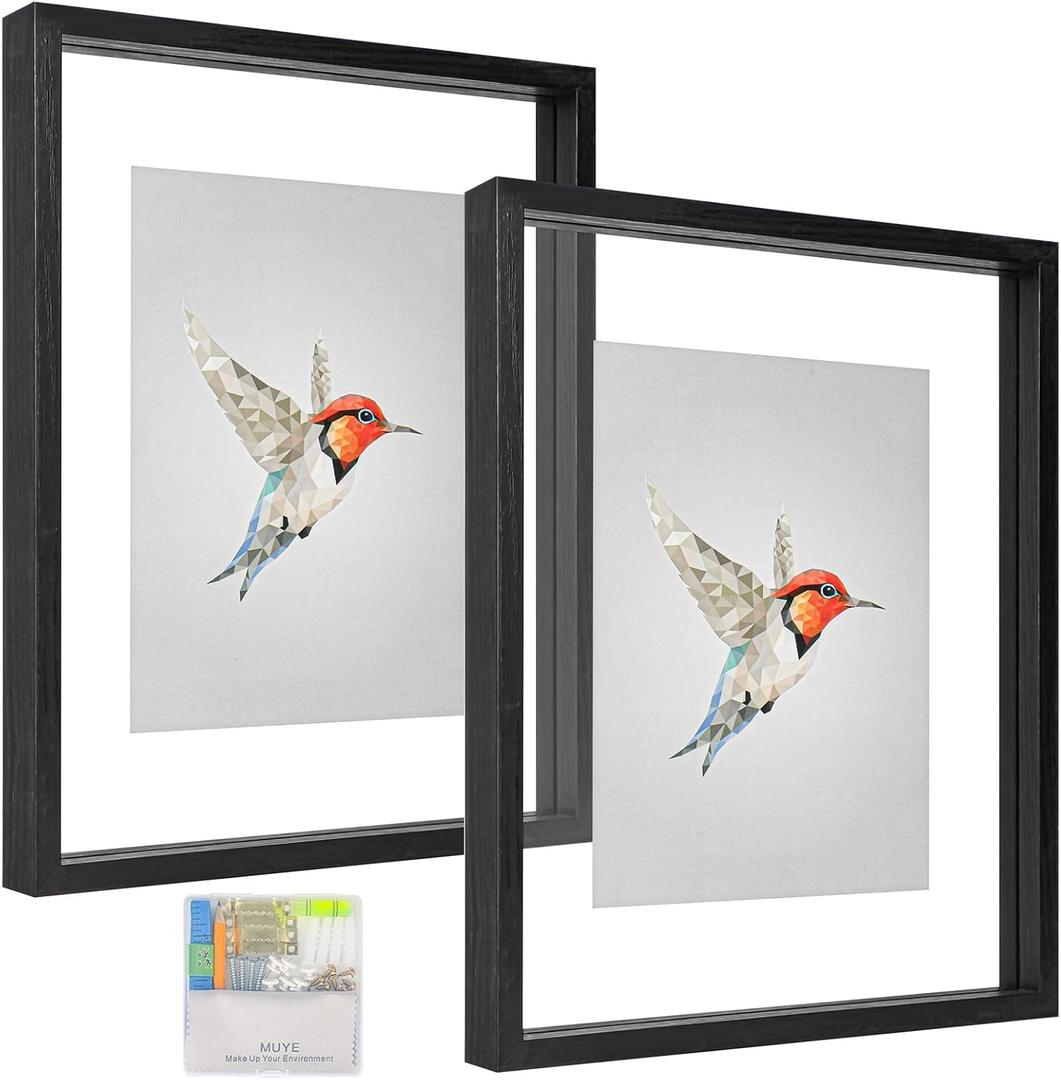 MUYE 11x14 Floating Frames Set of 2,Double Glass Picture Frame Display Any Size Photo up to 11x14,Wall Mount or Tabletop Standing,Black