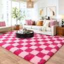 Checkered 8x10 Area Rugs for Living Room, Ultra Soft Fluffy Large Shaggy Rug Carpet for Bedroom, Non-Slip Fuzzy Plush Rugs for Nursery Boys Girls Kids Room Modern Indoor Home Decor, Pink and Hot Pink