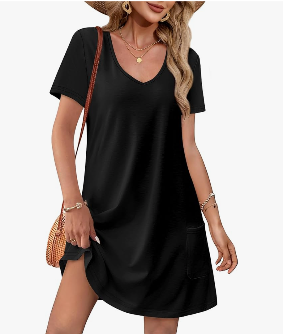 OFEEFAN Summer Dresses for Women 2025 Loose V Neck Short Sleeve Casual T Shirt Dress Sundresses Swimsuit Coverup with Pockets L