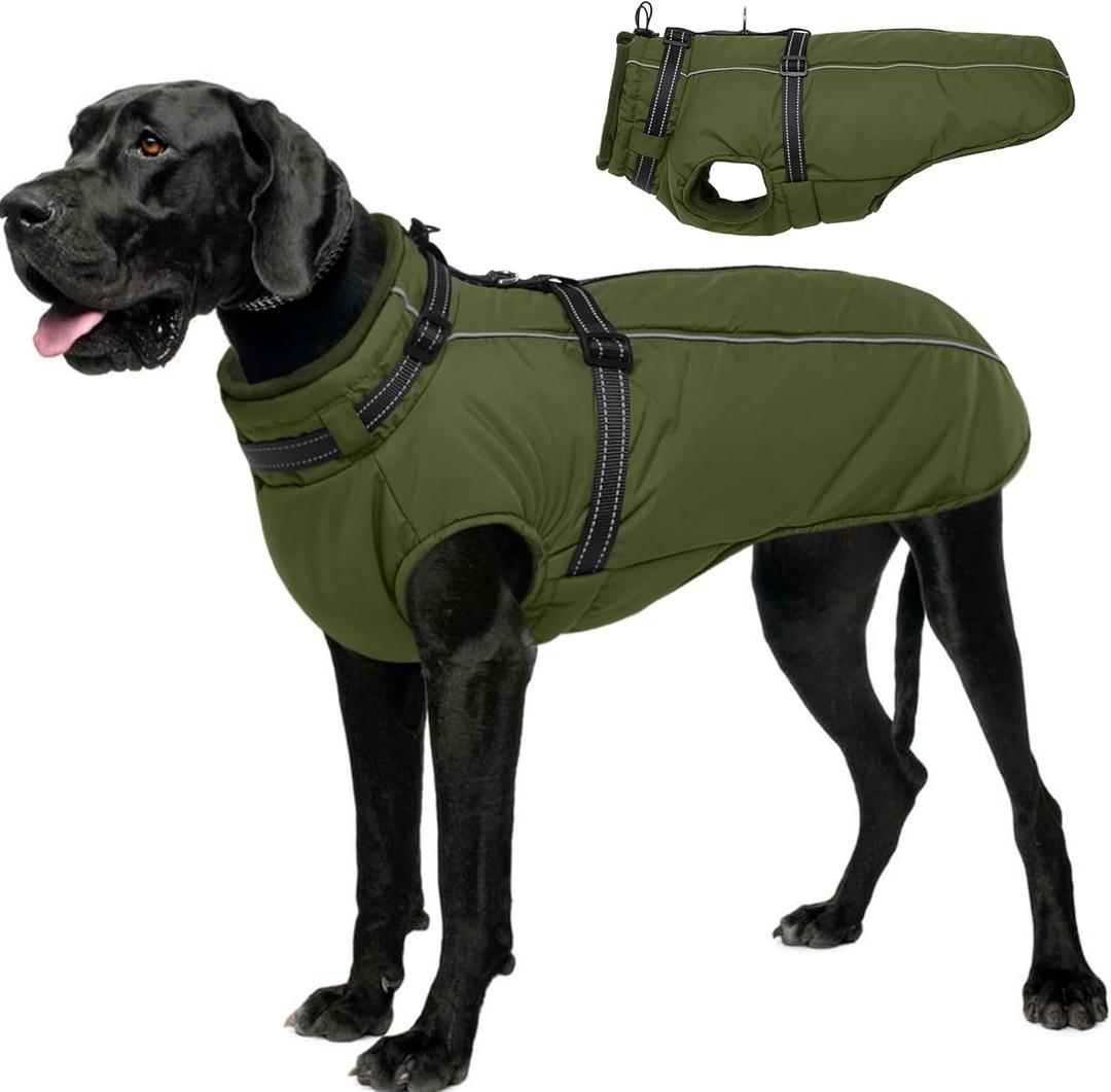 Lelepet Dog Coat with Harness Built in, Waterproof Dog Jacket for Dogs Reflective Winter Jacket with Zip Warm Cold Weather Coats for Dogs,Turtleneck Snowsuit, Great Dane, Army Green, XXXL