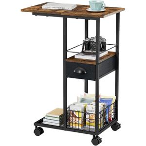 C Shaped Sofa Side Table: Couch End Table with Drawer - Bedside Table with Wheels - 19.7''L x 11.8''W x 28''H - C Mobile Tables with Storage Basket for Living Room Bedroom