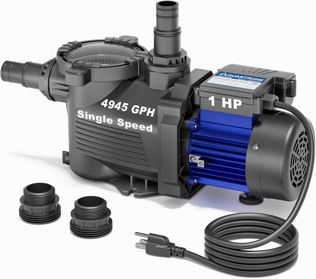 AQUASTRONG 1 HP Above Ground Pool Pump, Single Speed, 1.25"&1.5''adapter, 115V, 4945GPH, High Flow, Powerful Self Primming Swimming Pool Pumps with Filter Basket