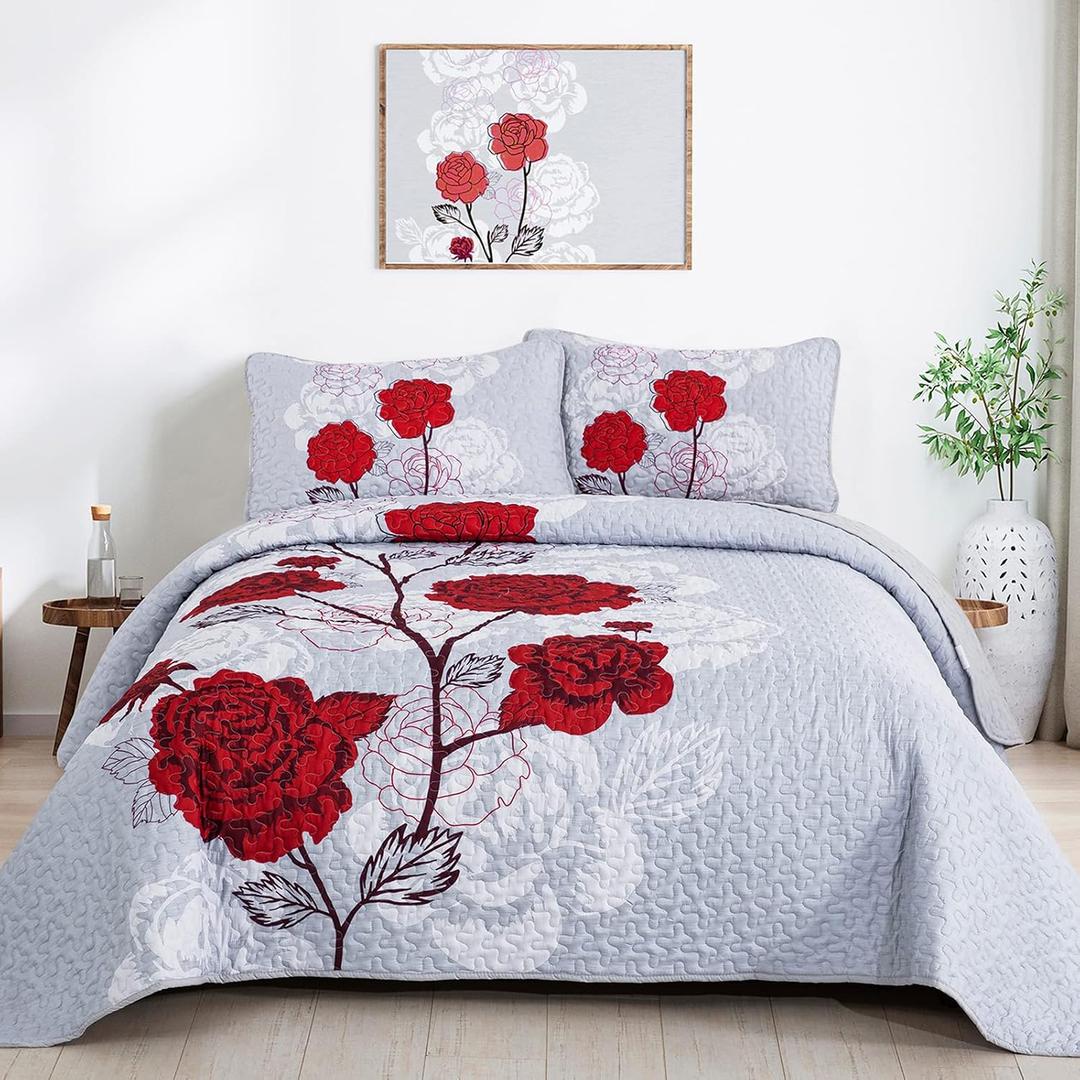 Anibedding Floral Quilt Set Queen Size,Elegant Red Floral Printed Bedspread Coverlet 3 Pieces Soft Microfiber Bedding Set with 2 Pillowcases for All Season(96"90")