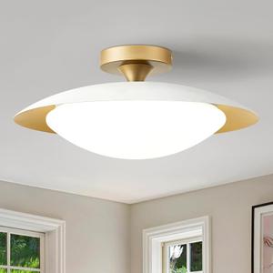 Dimmable Mid Century Modern Ceiling Light,5CCT LED White and Gold Semi Flush Mount Ceiling Lighting, for Kitchen Bedroom Hallway Bathroom 2700K-6000K 15.75 in
