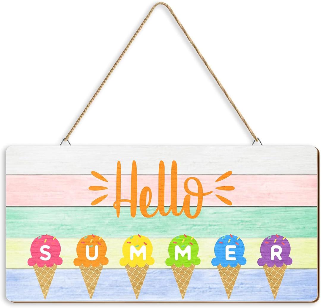 Hello Summer Door Sign Decor Ice Cream Beach Hanging Signs Themed Wooden Door Hanger with Rope Summer Colorful Wall Decor for Home Front Porch Outdoor, 12 x 6 x 0.2 Inch